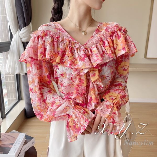 blouses v-neck flared sleeves bright silk floral chiffon shirt for women spring ladies all-match blouses blusas, White
blouses v-neck flared sleeves bright silk floral chiffon shirt for women spring ladies all-match blouses blusas, White