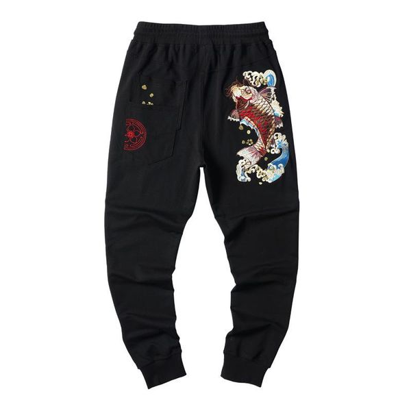 spring guochao carp embroidered pants 2021 fashion men's casual, Black 
spring guochao carp embroidered pants 2021 fashion men's casual, Black