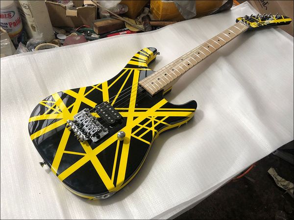 

eddie edward van halen 5150 yellow stripe black electric guitar banana headstock, floyd rose tremolo bridge, locking nut, whammy bar