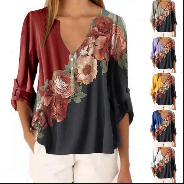 women v shirts neck floral printed shirt chiffon casual half button irregular woman blouse womens plus size street clothes, White 
women v shirts neck floral printed shirt chiffon casual half button irregular woman blouse womens plus size street clothes, White