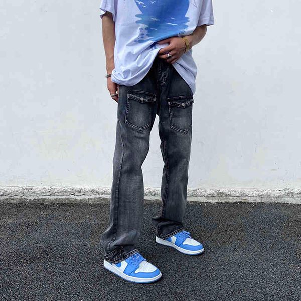 men's pants washed front pockets retro denim torn pair's trousers baggy straight harajuku brim pants gqpq, Black
men's pants washed front pockets retro denim torn pair's trousers baggy straight harajuku brim pants gqpq, Black