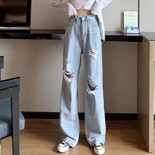women's jeans gagarich korean high waist hip straight denim pants women fashion hole design solid pantalones spring loose causal trouse, Blue
women's jeans gagarich korean high waist hip straight denim pants women fashion hole design solid pantalones spring loose causal trouse, Blue