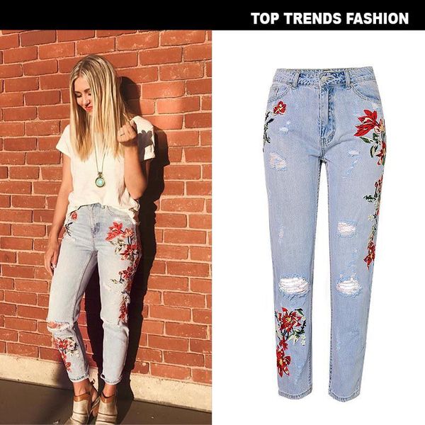 european and american women's high waist straight tube embroidery wash irregular wear denim capris jeans, Blue
european and american women's high waist straight tube embroidery wash irregular wear denim capris jeans, Blue