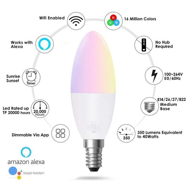 bulbs 6 w voice control 6w rgb smart light bulb dimmable e14 e26 e27 b22 wifi led lamp ac 85-265v work with alexa google assistant
bulbs 6 w voice control 6w rgb smart light bulb dimmable e14 e26 e27 b22 wifi led lamp ac 85-265v work with alexa google assistant