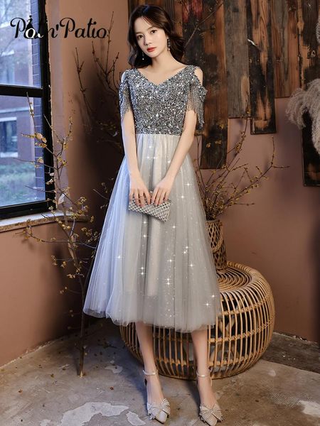 party dresses silver gray tea length evening 2021 elegant o-neck off the shoulder sequin prom gowns with beads, White;black
party dresses silver gray tea length evening 2021 elegant o-neck off the shoulder sequin prom gowns with beads, White;black