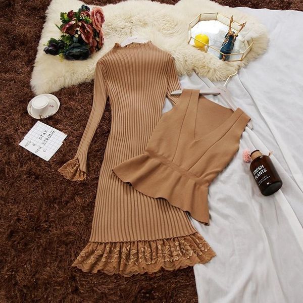 women's two piece pants 2021 winter women long sleeve lace knitted medium dress + v-neck ruffles sweater vest suits female sets, White
women's two piece pants 2021 winter women long sleeve lace knitted medium dress + v-neck ruffles sweater vest suits female sets, White