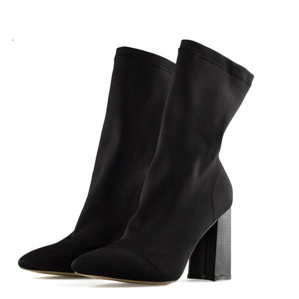 boots drop women pointed toe yarn elastic ankle thick heel high heels shoes woman female socks 2021 spring, Black