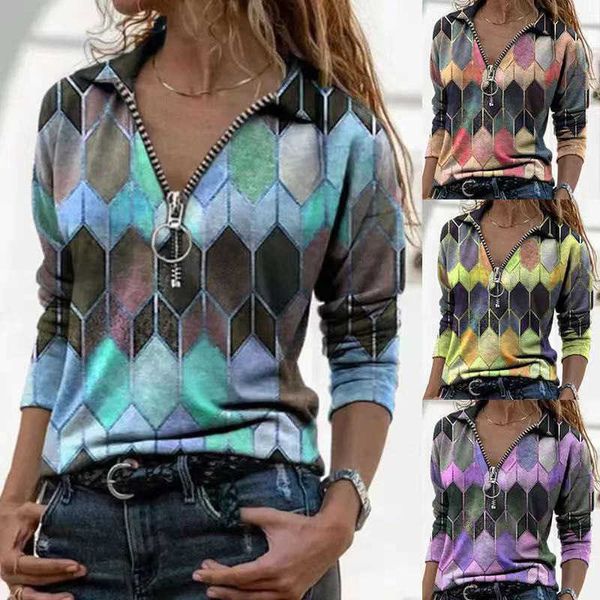 women's 2021 large slim v-neck blouse printed zipper t-shirt lapel long sleeve, White
women's 2021 large slim v-neck blouse printed zipper t-shirt lapel long sleeve, White
