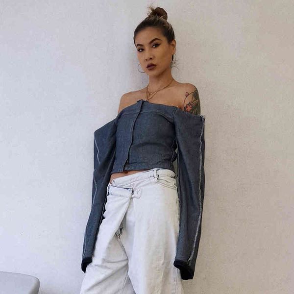 tees off shoulder blouse for women slash neck long sleeve slim denim short female spring clothing fashion, White
tees off shoulder blouse for women slash neck long sleeve slim denim short female spring clothing fashion, White