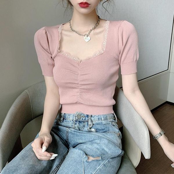 women's t-shirt women summer stitching lace v-neck tee bubble sleeve short knitted t shirt top, White
women's t-shirt women summer stitching lace v-neck tee bubble sleeve short knitted t shirt top, White