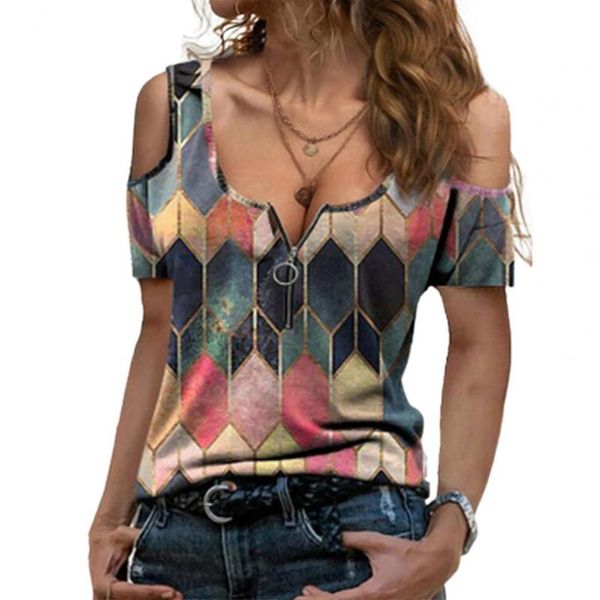 women's t-shirt women fashion vintage cold shoulder short sleeve geometric print zipper v neck casual summer tees, White
women's t-shirt women fashion vintage cold shoulder short sleeve geometric print zipper v neck casual summer tees, White