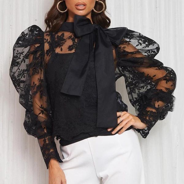 women's blouses & shirts women long puff sleeve see through floral embroidery bow decor casual blouse female short streetwear, White
women's blouses & shirts women long puff sleeve see through floral embroidery bow decor casual blouse female short streetwear, White