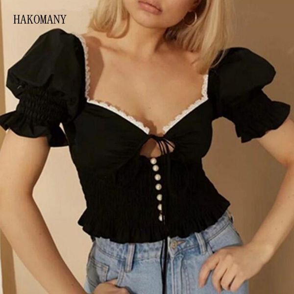black spliced lace v neck puff short sleeve pearl buttons shirt women wood ears blouse cotton women's blouses & shirts, White
black spliced lace v neck puff short sleeve pearl buttons shirt women wood ears blouse cotton women's blouses & shirts, White