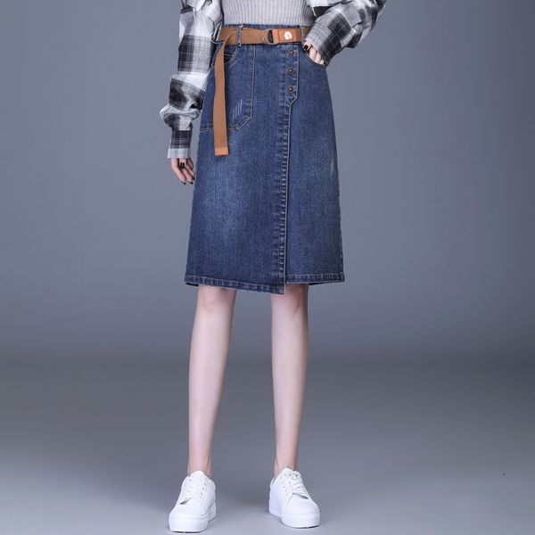 skirts denim 2021 autumn elastic asymmetric denim slim medium length a-line skirt, Black