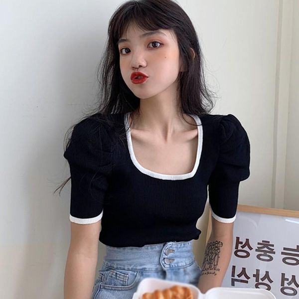 women's t-shirt knitted korean style solid color puff sleeves slim-fit fashion square collar short sleeve t shirt, White
women's t-shirt knitted korean style solid color puff sleeves slim-fit fashion square collar short sleeve t shirt, White