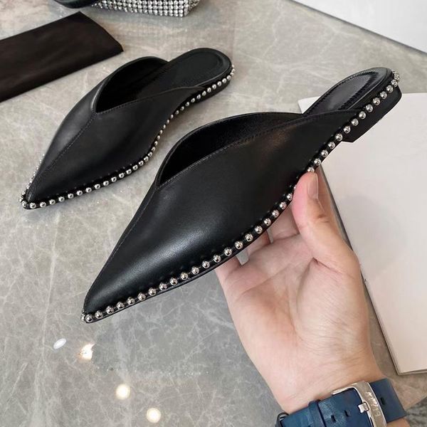 summer pointed toe flat slippers string beaded metal bordered woman mules sandals 2021 genuine leather female lazy muller, Black
summer pointed toe flat slippers string beaded metal bordered woman mules sandals 2021 genuine leather female lazy muller, Black