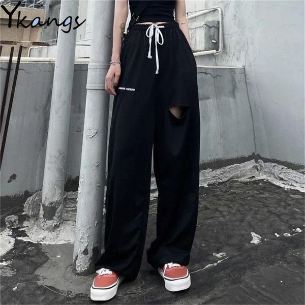 women's pants & capris baggy streetwear hole jogger sweatpants women solid straight high waist trousers casual drawstring hip hop femal, Black;white 
women's pants & capris baggy streetwear hole jogger sweatpants women solid straight high waist trousers casual drawstring hip hop femal, Black;white
