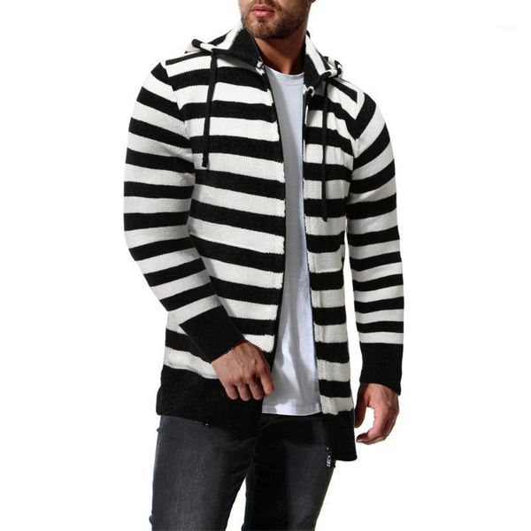 men's sweaters autumn and winter fashion stripe color matching casual knitting sweater hooded cardigan coat for men, White;black
men's sweaters autumn and winter fashion stripe color matching casual knitting sweater hooded cardigan coat for men, White;black