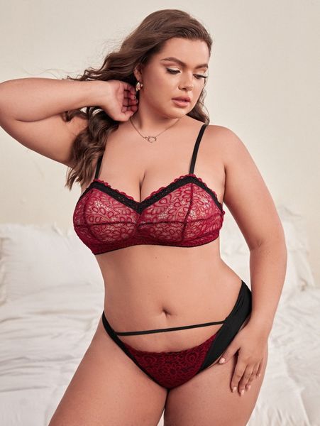 plus floral lace lingerie set 94tl#, Black;white