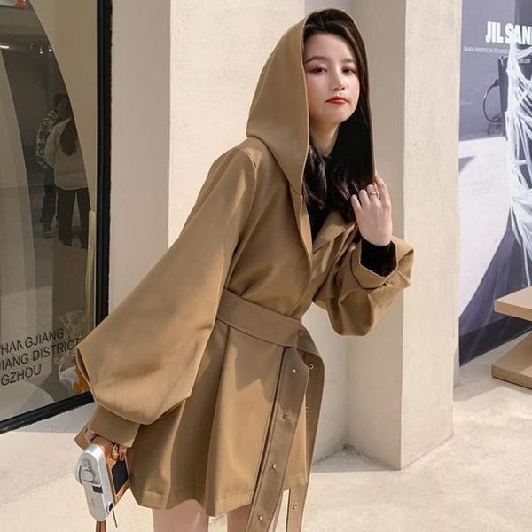 women's trench coats short windbreaker clothing 2021 autumn fashion sashes korean loose hooded coat long sleeve monteau femme, Tan;black
women's trench coats short windbreaker clothing 2021 autumn fashion sashes korean loose hooded coat long sleeve monteau femme, Tan;black