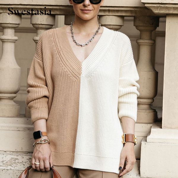 women's sweaters swestasia knitted sweater two colors patchwork v neck long sleeve pullovers fashion chic casual loose autumn women as, White;black
women's sweaters swestasia knitted sweater two colors patchwork v neck long sleeve pullovers fashion chic casual loose autumn women as, White;black