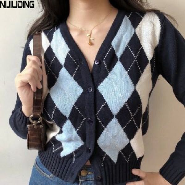 knitted sweaters for women autumn argyle vintage long sleeve single breasted cardigans short coat female 210514, White
knitted sweaters for women autumn argyle vintage long sleeve single breasted cardigans short coat female 210514, White