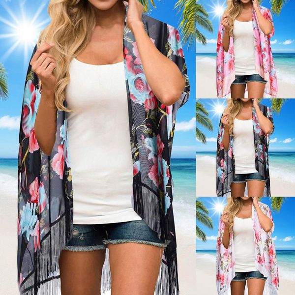 women's swimwear floral kimono cardigan blouse shirt loose chiffon long summer casual ladies female women tassel cover up blusas cape, White;black
women's swimwear floral kimono cardigan blouse shirt loose chiffon long summer casual ladies female women tassel cover up blusas cape, White;black