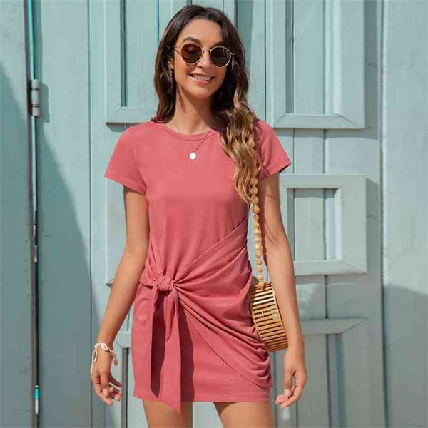 women o neck short sleeve tie up mini dress summer solid color casual elegant black pink slim t-shirt vestidos female 210522, Black;gray
women o neck short sleeve tie up mini dress summer solid color casual elegant black pink slim t-shirt vestidos female 210522, Black;gray