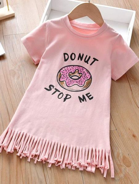 toddler girls donut & slogan graphic fringe hem tee dress she, Red;yellow 
toddler girls donut & slogan graphic fringe hem tee dress she, Red;yellow