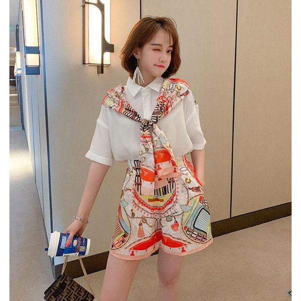 women's tracksuits temperament patchwork printed scarf tie shirt + high waist wide leg shorts two piece 2021 summer korean edition, Gray
women's tracksuits temperament patchwork printed scarf tie shirt + high waist wide leg shorts two piece 2021 summer korean edition, Gray