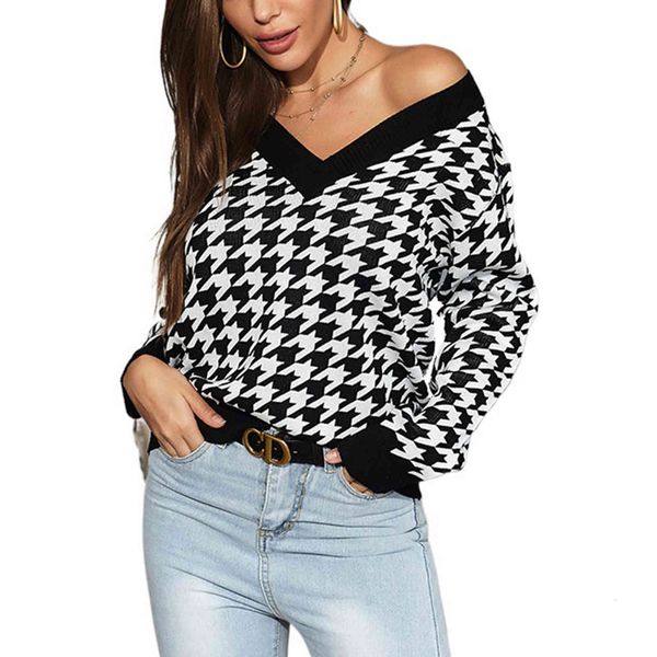 women's sweaters female fashions block houndstooth nightgown pattern long sleeve with low-cut v-knit ladies' pullovers 3u82, White;black
women's sweaters female fashions block houndstooth nightgown pattern long sleeve with low-cut v-knit ladies' pullovers 3u82, White;black