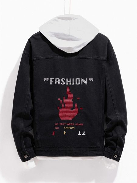 men fire & slogan embroidered denim jacket without hoodie b22g#, Blue 
men fire & slogan embroidered denim jacket without hoodie b22g#, Blue