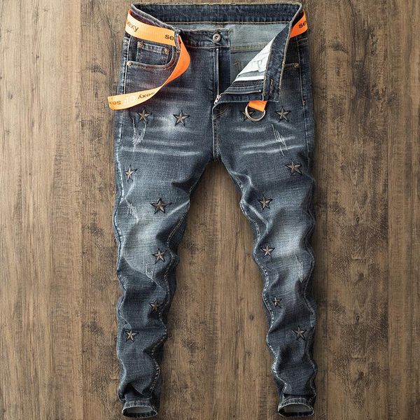 men's jeans spring autumn slim-fit ripped stretch embroidered trendy denim pants pantalones de hombre, Blue
men's jeans spring autumn slim-fit ripped stretch embroidered trendy denim pants pantalones de hombre, Blue