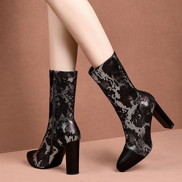 boots elastic women's thick heel color matching medium tube high shoes snake pattern, Black
boots elastic women's thick heel color matching medium tube high shoes snake pattern, Black