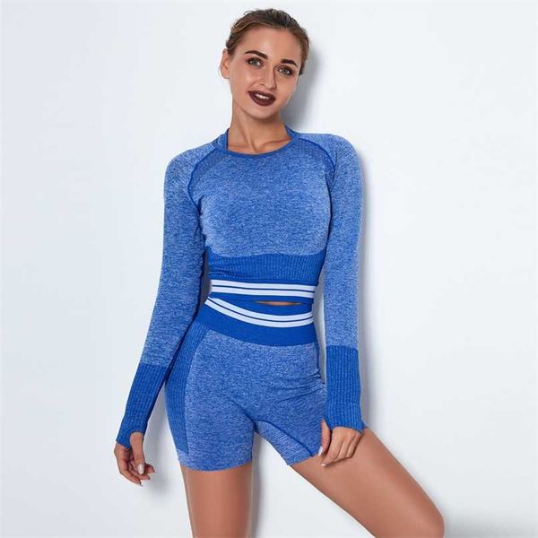 2pcs athletic seamless striped set gym sport suit workout clothes women long sleeve shirts shorts fitness sportswear 211105, White
2pcs athletic seamless striped set gym sport suit workout clothes women long sleeve shirts shorts fitness sportswear 211105, White