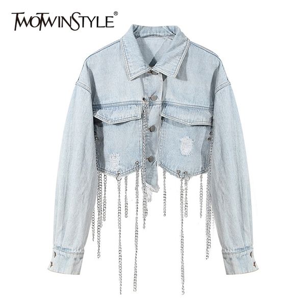 twotwinstyle black patchwork chain tassel jacket for women lapel long sleeve high street casual jackets female autumn 211025, Black;brown
twotwinstyle black patchwork chain tassel jacket for women lapel long sleeve high street casual jackets female autumn 211025, Black;brown