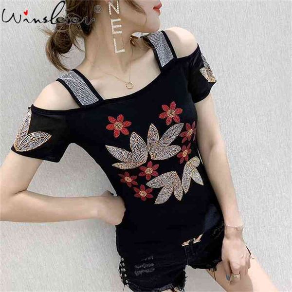 summer european style t-shirt off shoulder shiny diamonds mesh women all match bottoming shirt tees t14409a 210421, Black;gray 
summer european style t-shirt off shoulder shiny diamonds mesh women all match bottoming shirt tees t14409a 210421, Black;gray