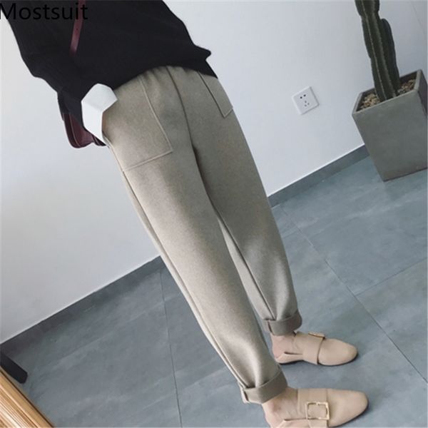 plus size autumn winter thicken high waist harem pants trousers women elastic pockets korean casual fashion warm pant 210518, Black;white
plus size autumn winter thicken high waist harem pants trousers women elastic pockets korean casual fashion warm pant 210518, Black;white