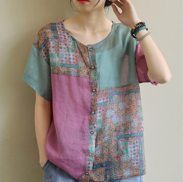 women's blouses & shirts summer retro patchwork print color spliced single breasted female tide, White
women's blouses & shirts summer retro patchwork print color spliced single breasted female tide, White