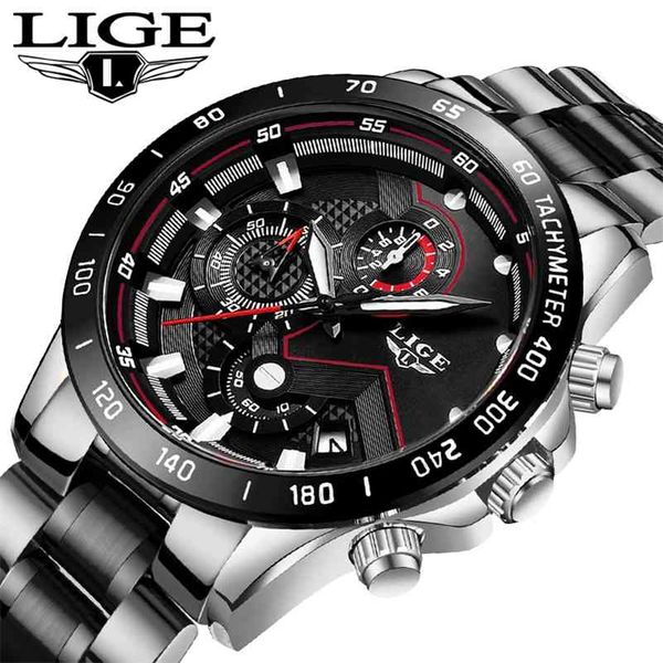 

lige new men watch business waterproof date watches fashion multifunction stainless steel black quartz watch relojes para hombre 210329, Slivery;brown