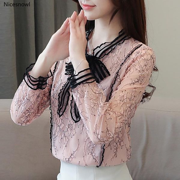 women's blouses & shirts fashion brands korean clothing lace chiffon bow spring summer perspective blusas mujer de moda, White
women's blouses & shirts fashion brands korean clothing lace chiffon bow spring summer perspective blusas mujer de moda, White