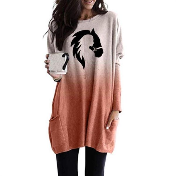 women's t-shirt 2021 leisure horse printing gradient long sleeve pocket women harajuku spring summer t shirt, White