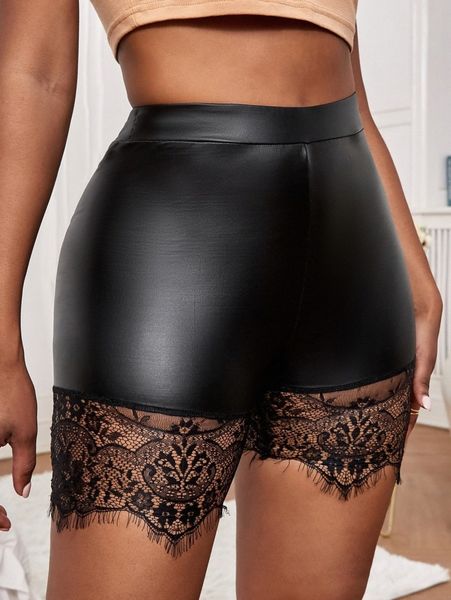 sxy contrast eyelash lace pu leather biker shorts t61g#, Black
sxy contrast eyelash lace pu leather biker shorts t61g#, Black