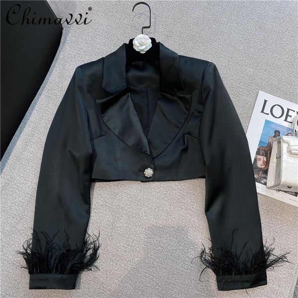women's suits & blazers 2021 autumn clothing korean fashion feather sleeve short satin blazer coat loose temperament feminine, White;black
women's suits & blazers 2021 autumn clothing korean fashion feather sleeve short satin blazer coat loose temperament feminine, White;black
