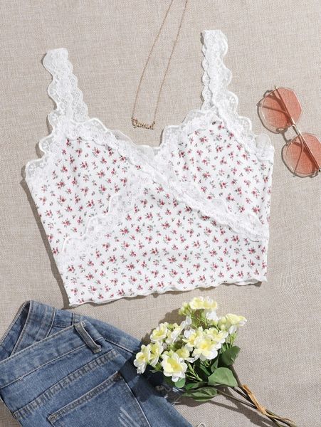 lace trim ditsy floral cami q46a#, White
lace trim ditsy floral cami q46a#, White