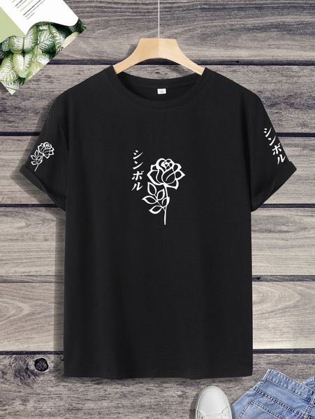 men floral & japanese letter graphic tee l44j#, White;black