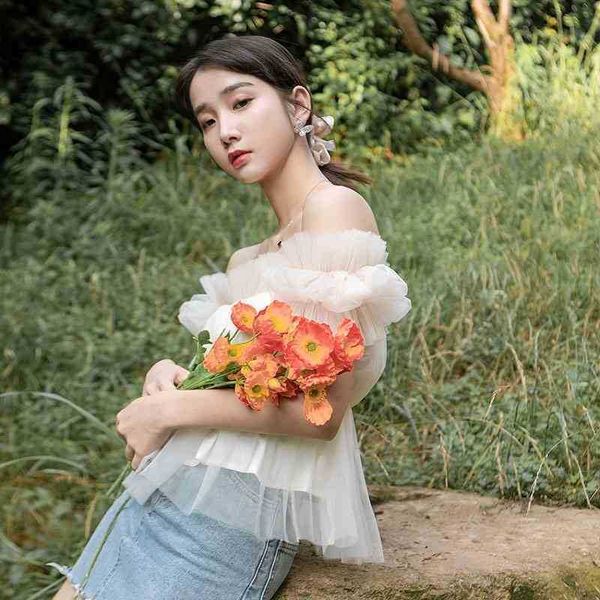 women's knits & tees mesh off the shoulder ruffle korean blouse women tunic tulle summer ladies cold peplum cute daa2, White 
women's knits & tees mesh off the shoulder ruffle korean blouse women tunic tulle summer ladies cold peplum cute daa2, White
