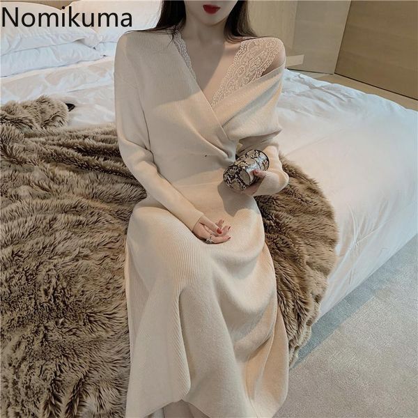 casual dresses nomikuma korean cross v-neck lace patchwork knitted long sleeve slim waist a-line sweater dress 2021 autumn winter 6d093, Black;gray
casual dresses nomikuma korean cross v-neck lace patchwork knitted long sleeve slim waist a-line sweater dress 2021 autumn winter 6d093, Black;gray