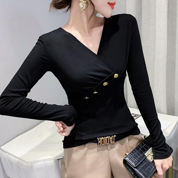 women's t-shirt fall winter european clothes lady cotton solid v-neck cross drape button women long sleeve tees, White
women's t-shirt fall winter european clothes lady cotton solid v-neck cross drape button women long sleeve tees, White