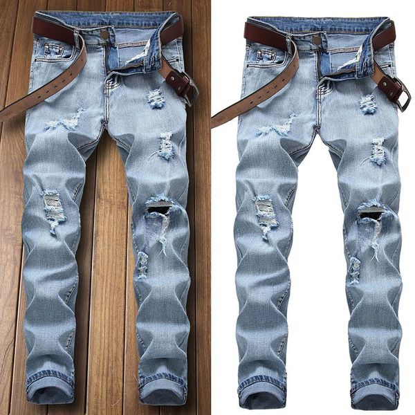 men's jeans printed ripped pants, cotton arrival pants straight hole brand, Blue